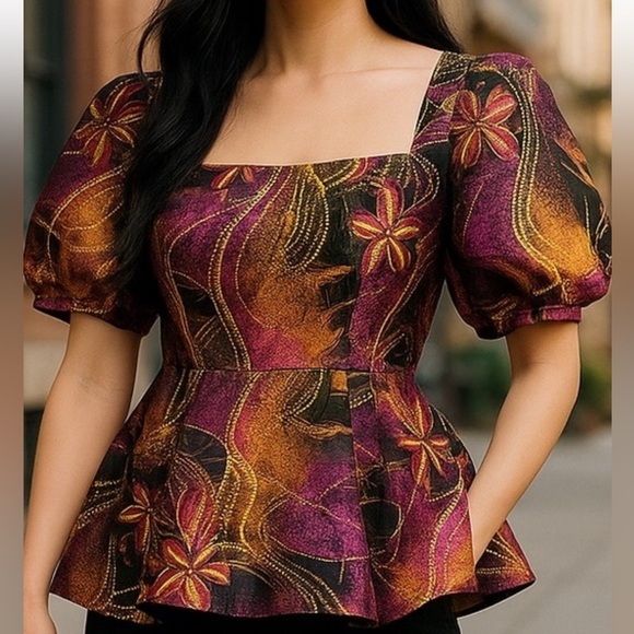TUCKERNUCK FLORAL JACQUARD FIT & FLARE PUFF SLEEVE BABYDOLL BLOUSE SZ SM NWOT - Picture 1 of 13